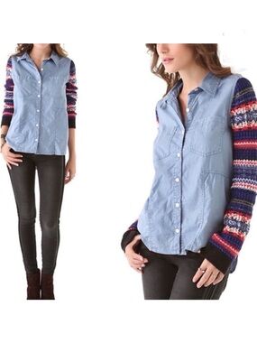 We The Free Chambray button down knit sleeve shirt